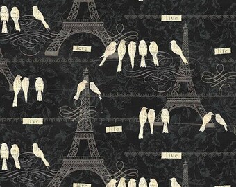 Love Paris, Black Cream, Birds, Eiffel Tower, Cotton Print, Black by David Textiles 100% Cotton - HALF YARD