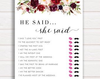 He Said She Said Game, Marsala Flowers, Who Said What Game, Bridal Shower Games, He Said She Said, Bachelorette Party, Marsala Bridal