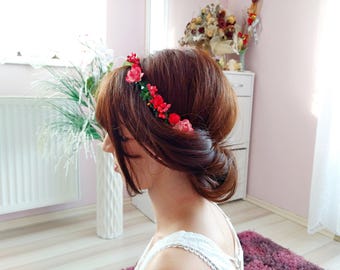 Red flower crown, flower headband, artificial flower and leaf, summer jewelry, wedding jewelry, bridesmaid jewelry, gift for her