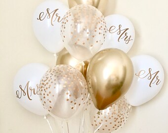 NEW Chrome Gold Mr & Mrs and Confetti Balloons~Wedding Balloon~Bridal Shower Balloons~Confetti Look Balloon~Chrome Gold Balloon~Mr Mrs Decor