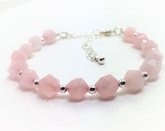Rose Quartz Sterling Silver Bracelet Pink Gemstone Bracelet Natural Stone Jewellery Pink Jewelry 925 Sterling Silver Unique Gift for Her