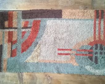 Vintage 1930s Deco abstract latch hook rug, home made, AS IS