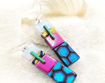 Fused glass earrings, dichroic Earrings, dichroic glass fusion jewelry, handmade jewelry, pink earrings, statement earrings, fused glass art