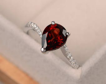 Pear cut garnet ring, engagement ring silver, red gemstone ring, January birthstone ring