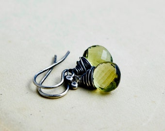 Quartz Earrings, Olive Quartz Jewelry, Drop Earrings, Wire Wrapped, Sterling Silver, November Birthstone, Birthstone Earrings , PoleStar