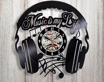 Music wall clock, Vinyl record wall clock, Music quotes, Music gift, Music wall art, Headphones wall decal, Gift for music lover, Musician