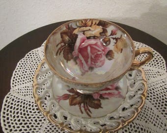 Royal Sealy China Tea Cup and Saucer ,Rose pattern ,Footed Cup Japan ( C-1 )