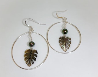 Silver Hoop Earrings with Dangled Pearls and Carved Mother of Pearl Monstera Leaf, Made in Hawaii