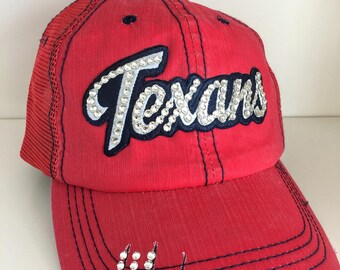 TEXANS Bling Hat - Distressed Trucker Cap- Texans Football - Swarovski Rhinestones