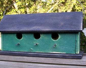 Primitive Country Three Hole Birdhouse, Separate Compartments Dark Green Bird House, Garden Decore Birdhouses, Handmade Birdhouse.