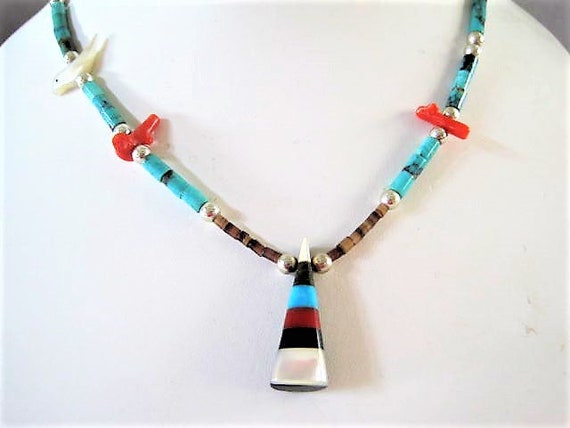 Fetish Bird Necklace, Vintage Heishi Beads, Triangle Inlaid Pendant, Southwestern 20 inch Necklace, Native American