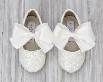 Infant, Toddler and Girls Shoes - OFF WHITE rock glitter mary-jane with IVORY satin ribbon bow - For Flower Girls, Christening and Baptism