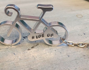 Personalized Bike Keychain. Bicycle keychain. Gift for cyclist. Bottle opener. Stamped keychain. Biker Gift. Gift for her. Gift for him