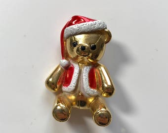 Christmas Teddy Bear Pin/ Brooch with Red Santa Hat Signed AJC