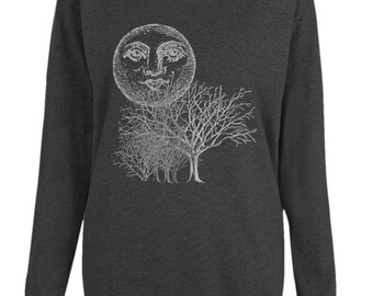 Moon And Trees Altered Vintage Art Womens Organic Cotton Raglan Sweatshirt. Black.