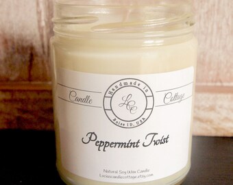 Organic Soy Candle-Peppermint Twist- Pure Essential Oil- Vegan Candle- Valentine's Day Gifts- Scented Candle- Eco-Friendly- White Candles
