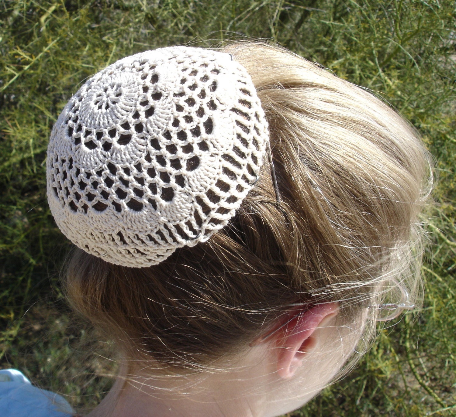 Hair Net / Bun Cover Sz Large Crocheted Flower Style Amish