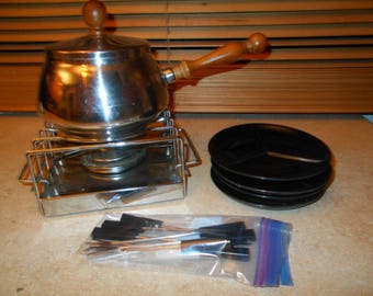 Stainless Steel and Teak Art Deco Style Fondue Set
