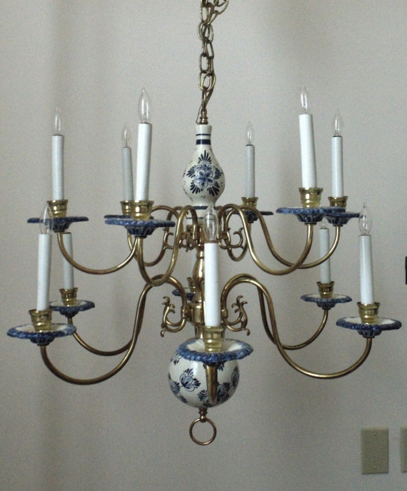 Superb Vintage Delft Chandelier Two Tier Blue White Pottery
