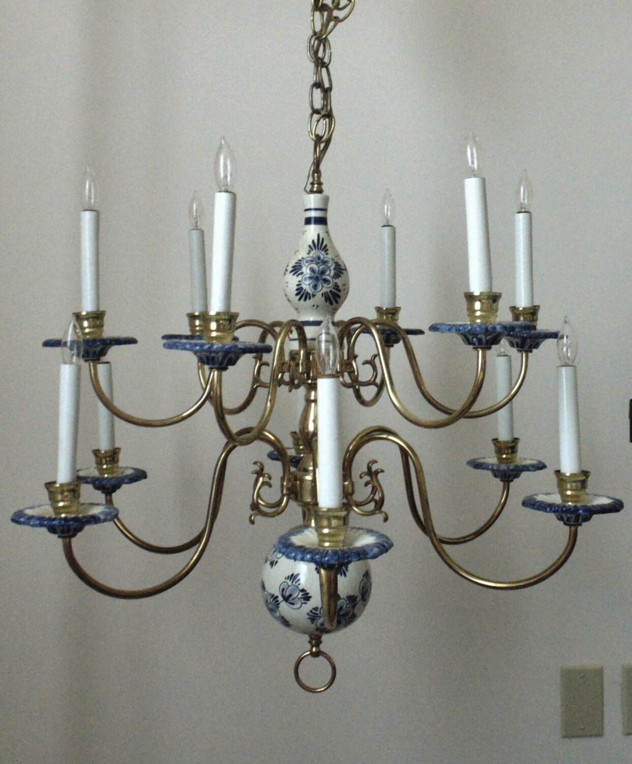 Superb Vintage Delft Chandelier Two Tier Blue White Pottery Zoom