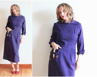 1940s wartime dress | bust 40" waist 28" | purple wool dress with Victory sweetheart patches