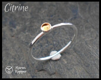 November birthstone ring - 3mm Yellow Citrine Skinny sterling silver ring, hammered, 1.2 mm ring. Skinny ring, thin ring, stacking ring.