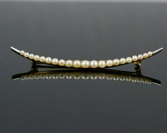 14k Antique Crescent Moon Brooch. Sweet Art Nouveau Gold And Seed Pearl Pin.