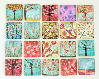25mm Square Tree Glass Magnet Set, Strong Glass Magnets, Tree of Life Magnets, Nature Magnets, Square Fridge Magnet, Floral Tree Flower Leaf