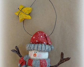 Handmade Snowman Ornament Red and Gray, Snowman Decor, Christmas Decoration, Snowman Sculpture