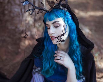 Antlers headband black butterflies horn headpiece fairy crown faun cosplay