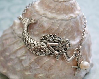 Mermaid Bracelet, Silver Mermaid Bracelet, Blue Mountain Jade Mermaid Bracelet, Mermaid jewelry