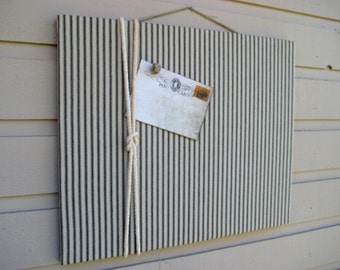Linen Ticking Pin Board, Bulletin Board, made with a black and taupe ticking linen with a cotton cord knotted detail, Nautical cabin decor