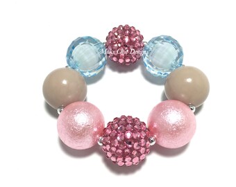 Toddler or Girls Pink, Taupe and Blue Chunky bracelet - Spring Pink Chunky Bracelet - Unicorn Bracelet - Ice Cream Chunky bracelet - Mermaid
