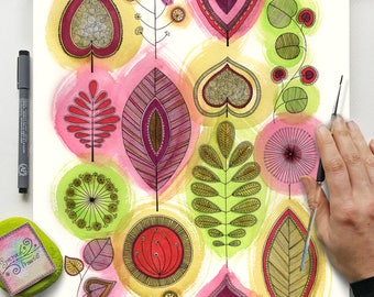 Half Price *A3 ORIGINAL PAINTING* - Retro Leaves