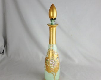 Vintage Czech Hand Blown Green Glass Decanter with Applied Raised Flowers & Gilt Trim