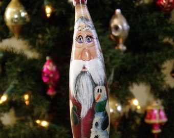 Hand Painted - Original Design - Red Santa and Snowman Gourd Ornament - 8-1/2" - Folk Art Santa - Primitive Santa - Gourd Ornament - Tree