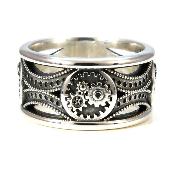 Silver Gear Ring - Steampunk Art Deco Mens Ring