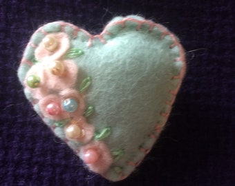 Aqua and pastel pink felt heart brooch