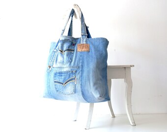 denim canvas tote bag with lots of pockets jeans bag