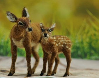 Mother-deer and a fawn, Needle Felted Animals, Needle felted deer, Needle felted animal