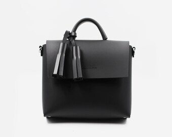 TASSEL LEATHER BAG, Unique Minimalist, Simple, Handmade, black, Gift for Her, Personalization, Leather bag, minimalism