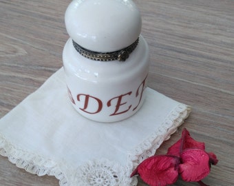 Small box porcelain Inkwell type letters and feather. Porcelain pill box. Trinket Box