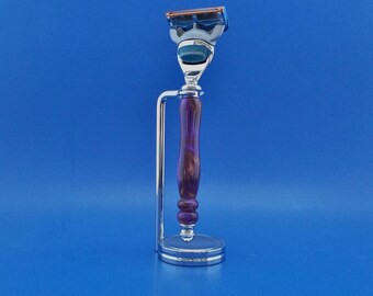 Handcrafted Razor Handle and stand, Acrylic, chrome, Mach3 or Fusion