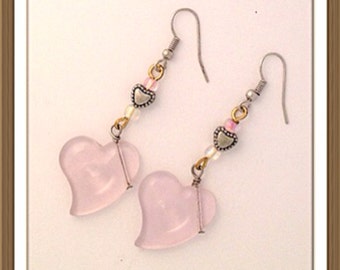 Handmade MWL dangle pink heart earrings. 0089