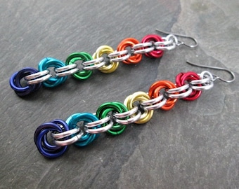 Chainmaille Earrings - Rainbow Mobius - Rainbow Chainmaille - Chainmail Jewelry - Pride Earrings