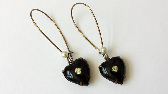 Black Vintage Heart Earrings Crystal Heart Earrings Rhinestone