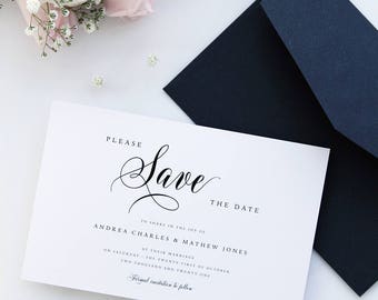 Andrea Save the Date Cards, Printable Calligraphy Save the Date Cards, Printed Save the Date Cards, All Matching Stationery Available