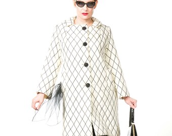 Mod 60s White with Black Diamond Quilted Coat M L