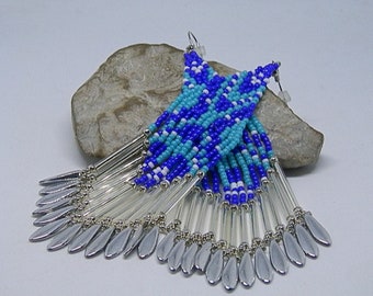 Navy, turquoise, white and silver beadwoven earrings
