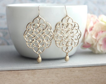 Large Moroccan Gold Filigree Chandelier Dangle Earrings, Bridesmaids Gift, Boho Chic Gold Wedding. Large Gold Filigree. Moroccan Bohemian